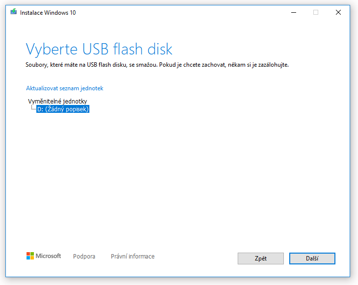 Výběr flash disku Windows 10